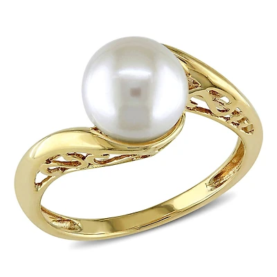 Miabella 8-8.5mm Cultured Freshwater Pearl 10 K Yellow Gold Bypass Solitaire Ring