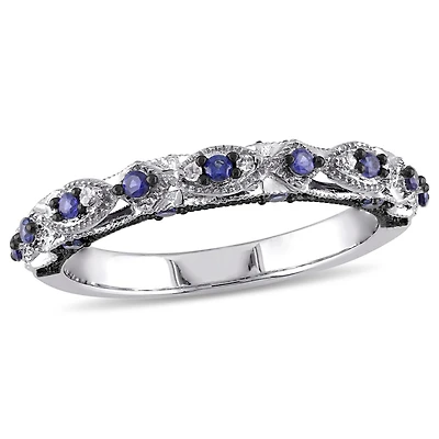 Bague rétro Tangelo avec saphirs bleus synthétiques 1/3 CT PBT et accents de diamants en or blanc 10K
