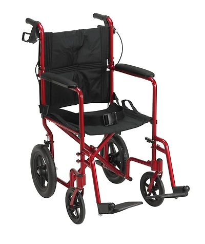 Drive Medical Red Lightweight Expedition Transport Wheelchair with Hand Brakes