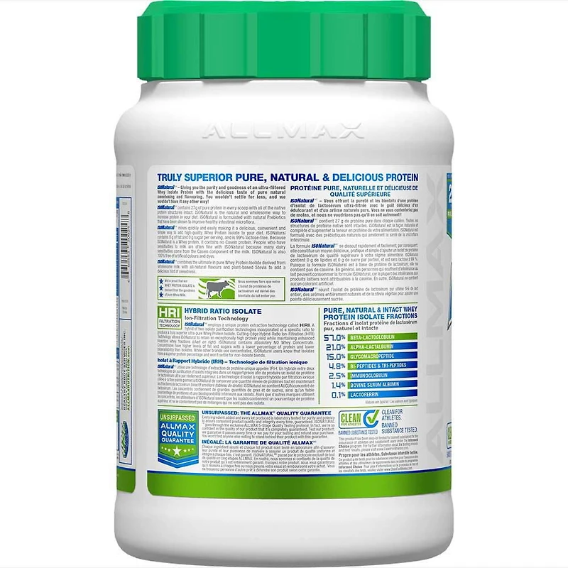 Supplément nutritionnel en poudre ISONATURAL d'ALLMAX Isolat protéinique de lactosérum à vanille