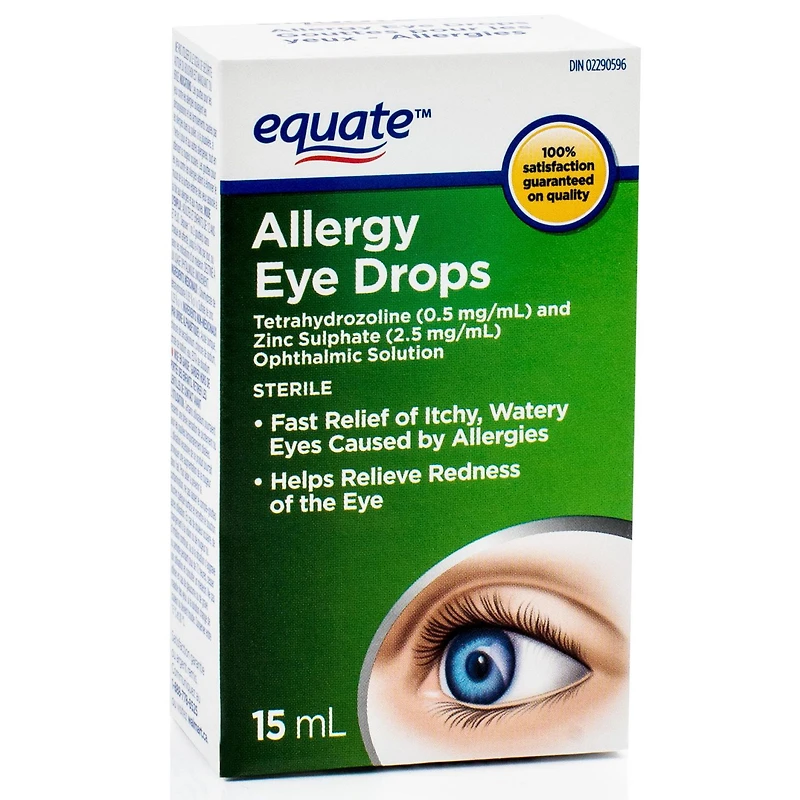 Equate Gouttes pour les yeux - Allergies, Solution ophtalmique de tétrahydrozoline (0,5 mg/mL) et de sulfate de zinc (2,5 mg/mL)