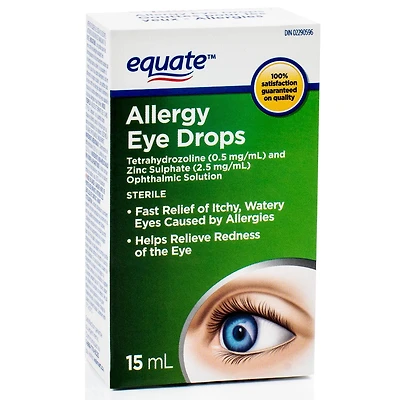 Equate Gouttes pour les yeux - Allergies, Solution ophtalmique de tétrahydrozoline (0,5 mg/mL) et de sulfate de zinc (2,5 mg/mL)