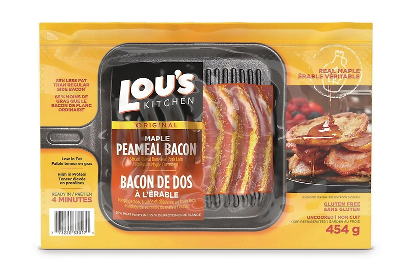 Bacon de dos enrobé de semoule de maïs avec sauce à l’érable Lou’s Kitchen.