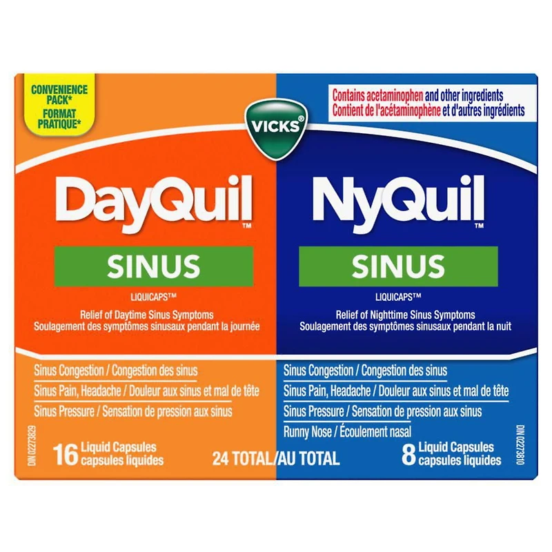 Vicks Capsules LiquiCaps NyQuil et DayQuil Sinus emballage duo 24 unités