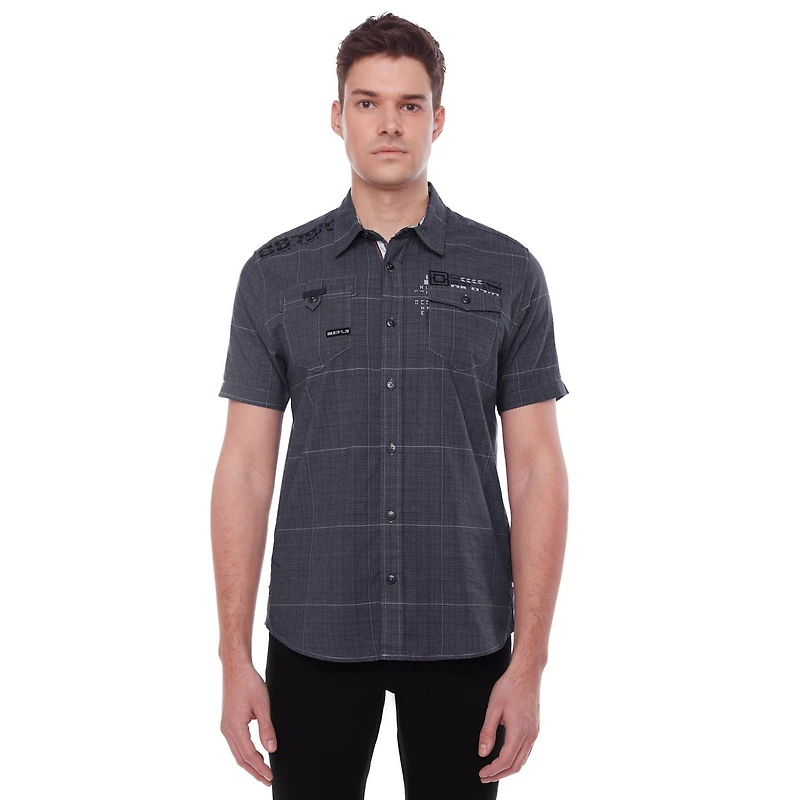 Dark Black Men's Short-Sleeve Plaid Button-Down Shirt with Pockets