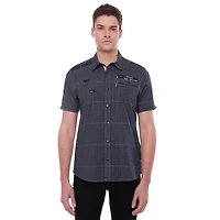 Dark Black Men's Short-Sleeve Plaid Button-Down Shirt with Pockets