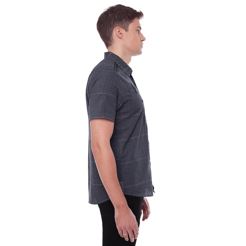 Dark Black Men's Short-Sleeve Plaid Button-Down Shirt with Pockets