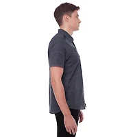 Dark Black Men's Short-Sleeve Plaid Button-Down Shirt with Pockets
