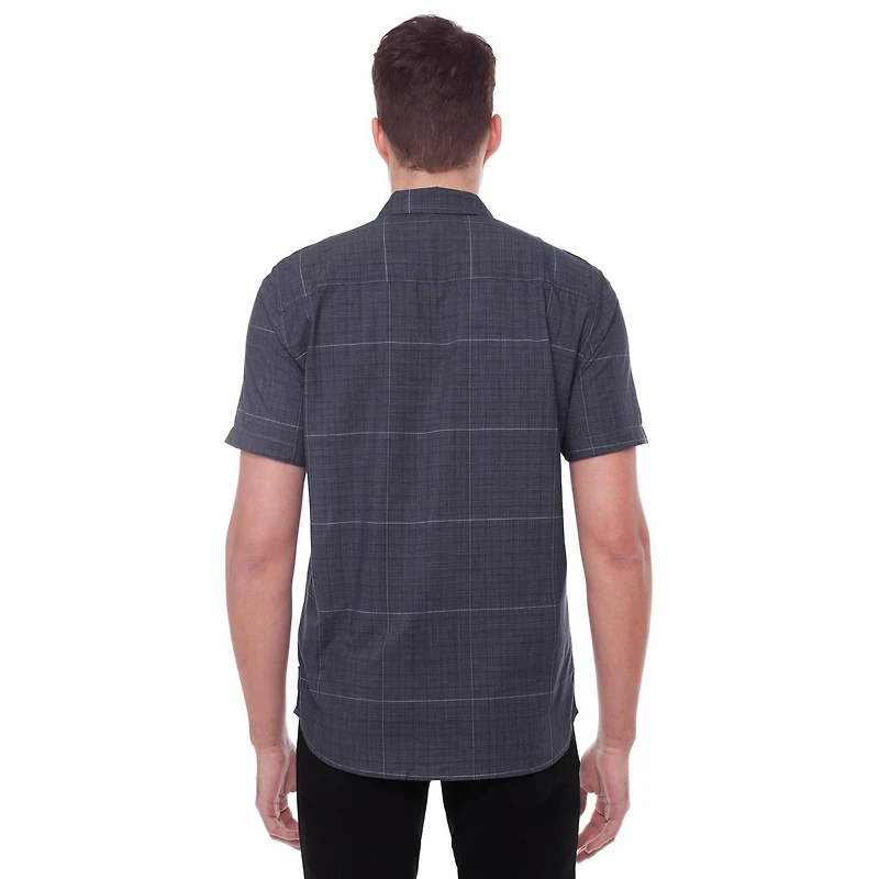 Dark Black Men's Short-Sleeve Plaid Button-Down Shirt with Pockets