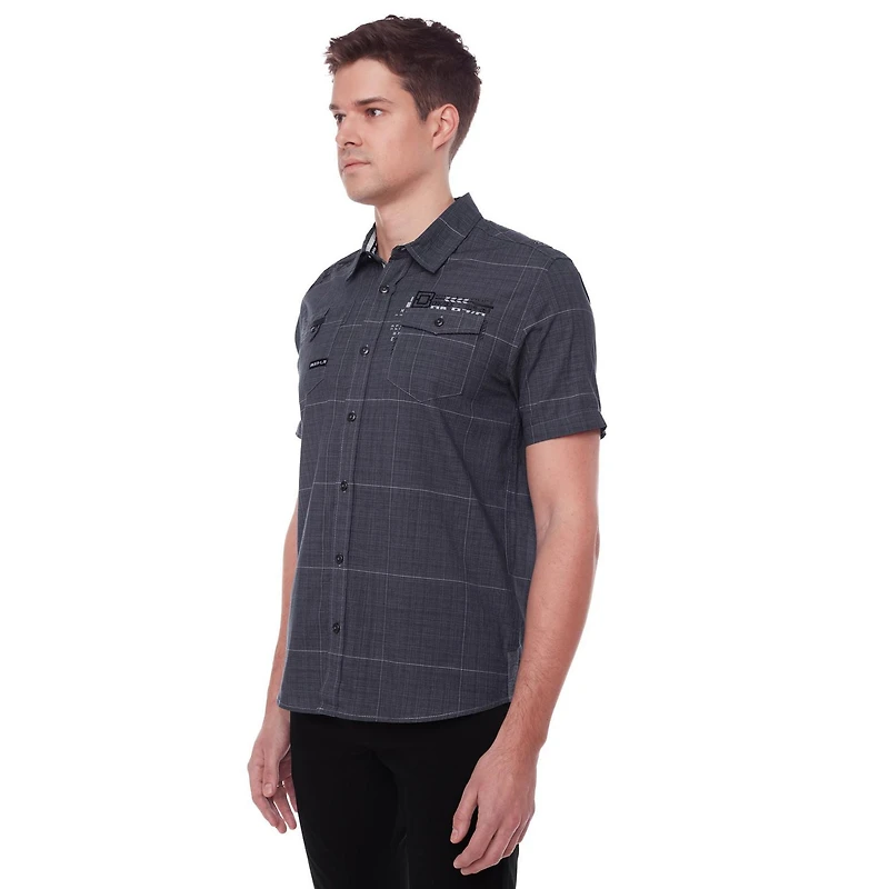 Dark Black Men's Short-Sleeve Plaid Button-Down Shirt with Pockets