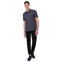 Dark Black Men's Short-Sleeve Plaid Button-Down Shirt with Pockets
