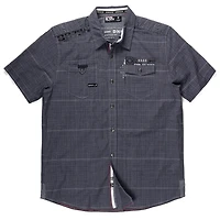 Dark Black Men's Short-Sleeve Plaid Button-Down Shirt with Pockets