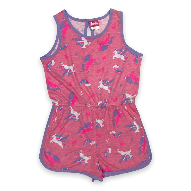 Barbie Girl's romper. This girls sleeveless short romper with elastic waist has a fun casual look and