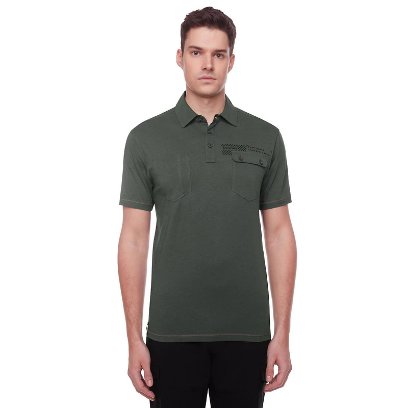Dark Black Men's Short-Sleeve Graphic Polo with Pockets