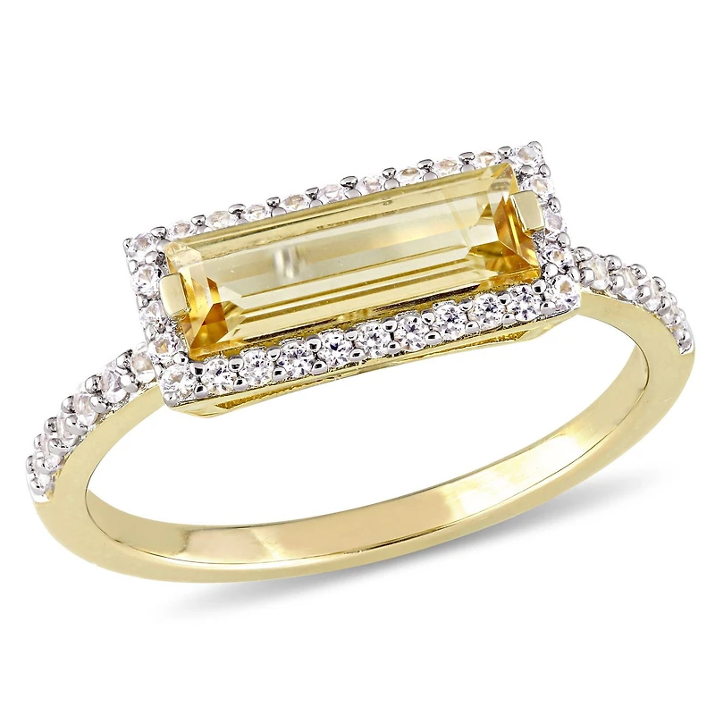 Bague de forme auréole Tangelo avec citrine de coupe baguette et saphirs blancs 1,54 CT PBT en argent sterling plaqué de rhodium jaune