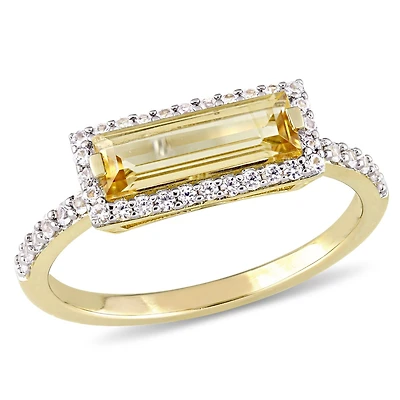 Bague de forme auréole Tangelo avec citrine de coupe baguette et saphirs blancs 1,54 CT PBT en argent sterling plaqué de rhodium jaune