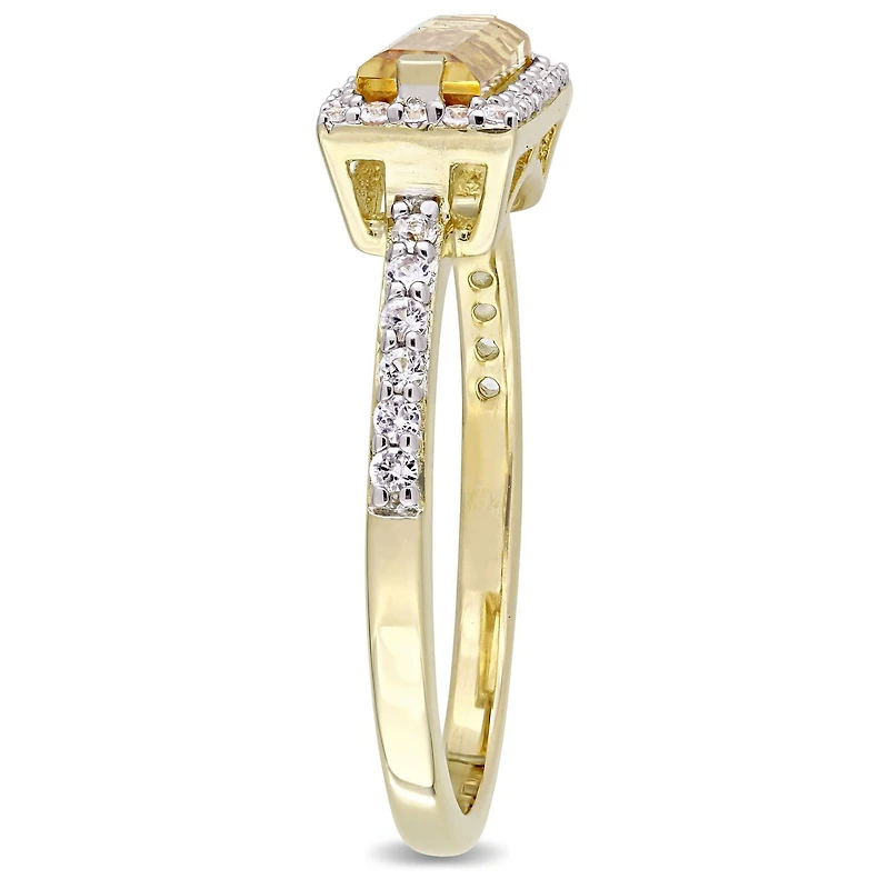 Bague de forme auréole Tangelo avec citrine de coupe baguette et saphirs blancs 1,54 CT PBT en argent sterling plaqué de rhodium jaune