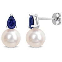 Miabella Cultured Freshwater Pearl 1-1/3 Carat T.G.W. Created Blue Sapphire Sterling Silver Solitaire Stud Earrings