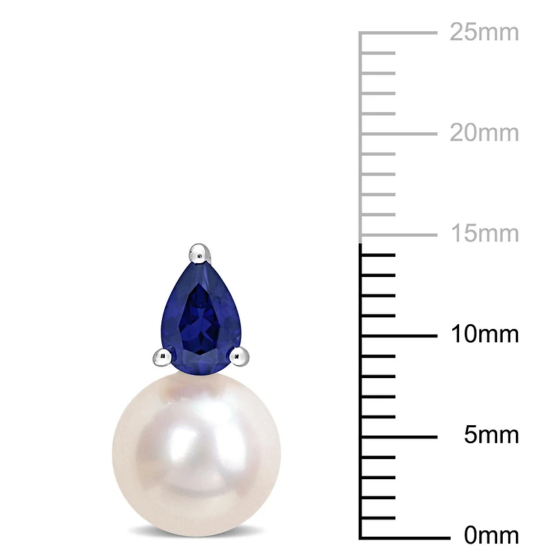 Miabella Cultured Freshwater Pearl 1-1/3 Carat T.G.W. Created Blue Sapphire Sterling Silver Solitaire Stud Earrings