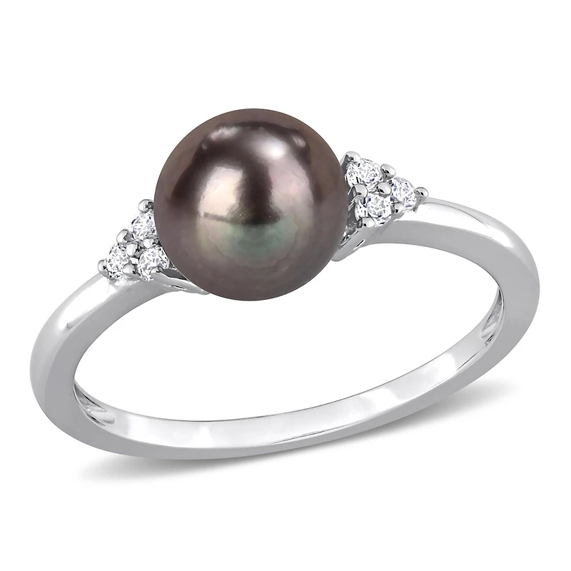 Miabella Black Freshwater Cultured Pearl and 1/5 CT TGW White Topaz Sterling Silver Cocktail Ring
