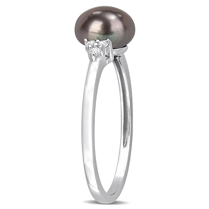 Miabella Black Freshwater Cultured Pearl and 1/5 CT TGW White Topaz Sterling Silver Cocktail Ring