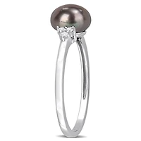 Miabella Black Freshwater Cultured Pearl and 1/5 CT TGW White Topaz Sterling Silver Cocktail Ring