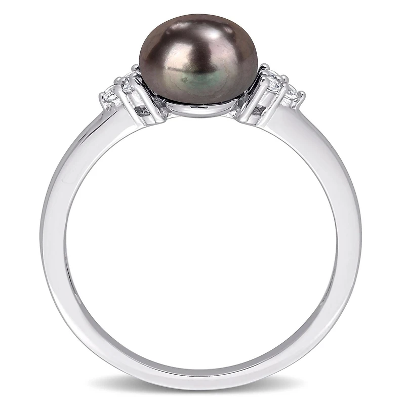Miabella Black Freshwater Cultured Pearl and 1/5 CT TGW White Topaz Sterling Silver Cocktail Ring
