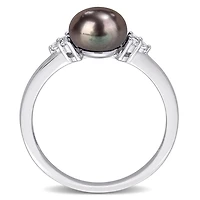 Miabella Black Freshwater Cultured Pearl and 1/5 CT TGW White Topaz Sterling Silver Cocktail Ring