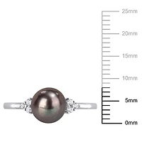 Miabella Black Freshwater Cultured Pearl and 1/5 CT TGW White Topaz Sterling Silver Cocktail Ring