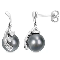 Miabella Tahitian Cultured Pearl and Diamond Accent Sterling Silver Feather Earrings