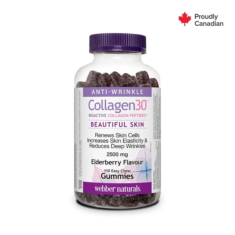 Webber Naturals Collagen30 Bioactive Collagen Peptidesᔿᒼ 2500 mg Saveur de Sureau Gélifiés Donnent à la peau une apparence lisse et saine, 110 Gelifies