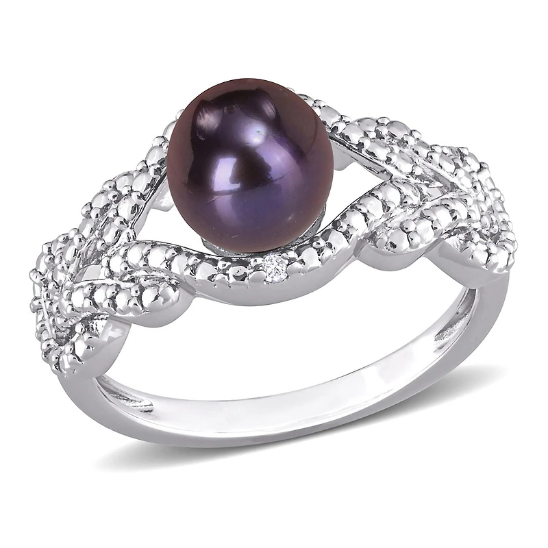 Bague entrecroisée Miabella en argent sterling avec perles culture d'eau douce noir et accents de diamants