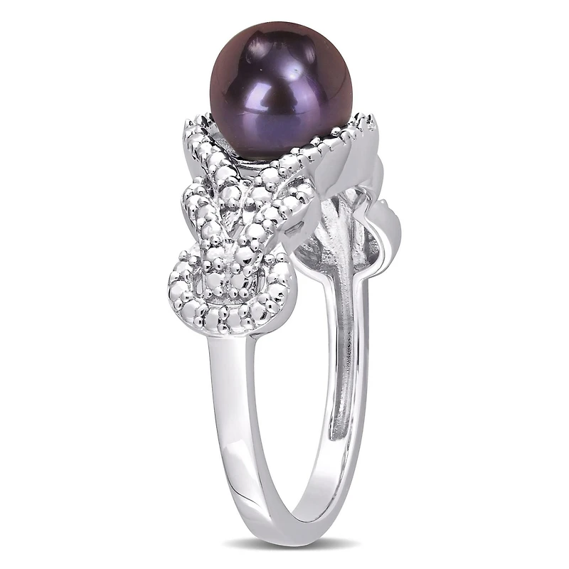 Bague entrecroisée Miabella en argent sterling avec perles culture d'eau douce noir et accents de diamants