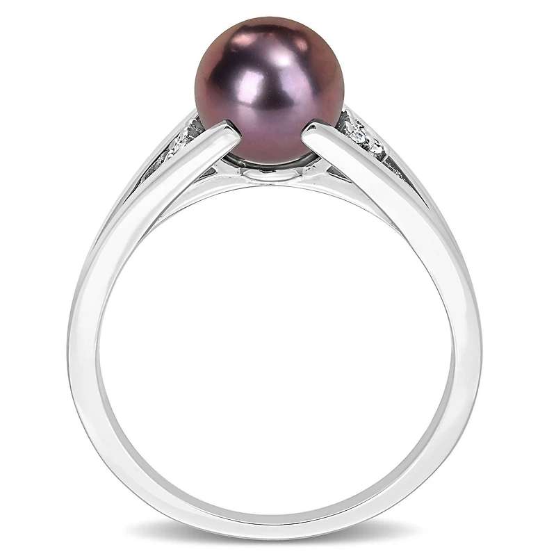 Miabella Black Freshwater Cultured Pearl and Diamond Accent Sterling Silver Split Shank Ring
