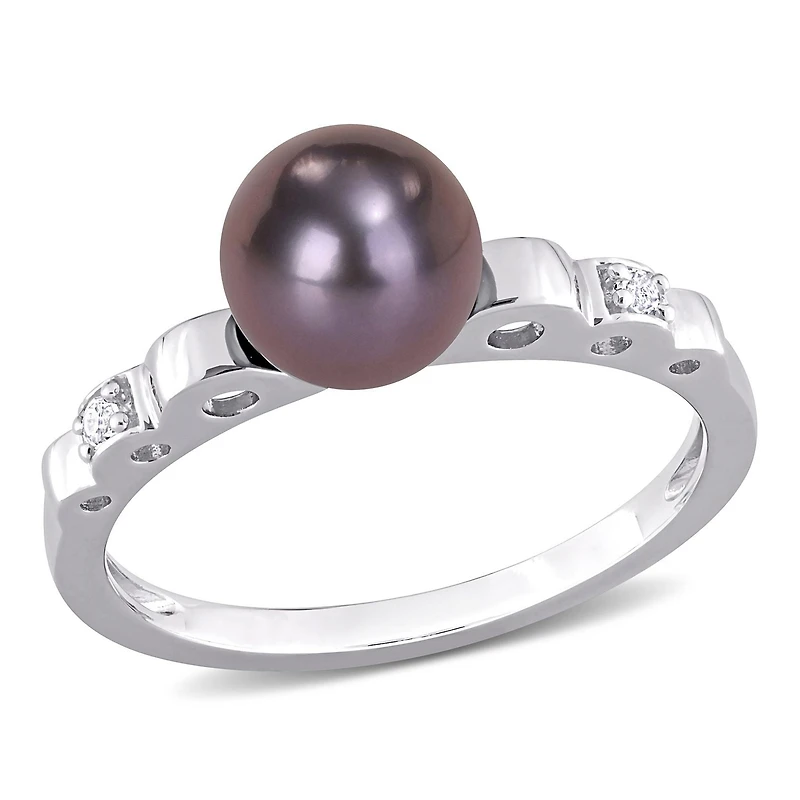 Miabella Black Freshwater Cultured Pearl and White Topaz Sterling Silver Cocktail Ring