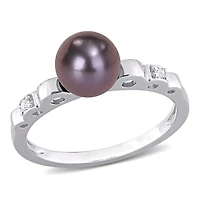 Miabella Black Freshwater Cultured Pearl and White Topaz Sterling Silver Cocktail Ring