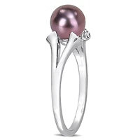 Miabella Black Freshwater Cultured Pearl and White Topaz Sterling Silver Split Shank Ring