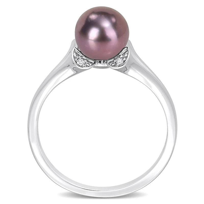 Miabella Black Freshwater Cultured Pearl and White Topaz Sterling Silver Split Shank Ring