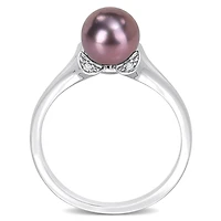 Miabella Black Freshwater Cultured Pearl and White Topaz Sterling Silver Split Shank Ring