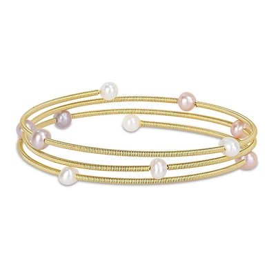 Miabella Freshwater Cultured Pearl Layered Coil Bangle in Brass