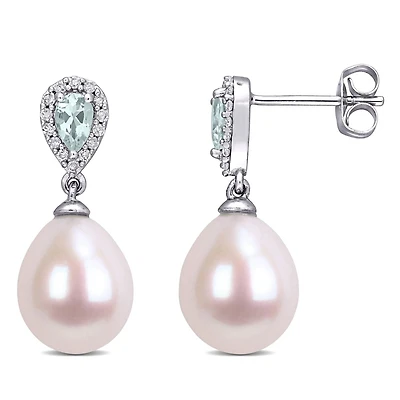 Miabella Freshwater Cultured Pearl Aquamarine and 1/7 Carat T.W. Diamond 10K White Gold Drop Earrings