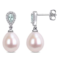 Miabella Freshwater Cultured Pearl Aquamarine and 1/7 Carat T.W. Diamond 10K White Gold Drop Earrings