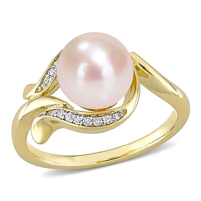 Miabella Cultured Freshwater Pearl and Diamond Accent 10K Yellow Gold Ring