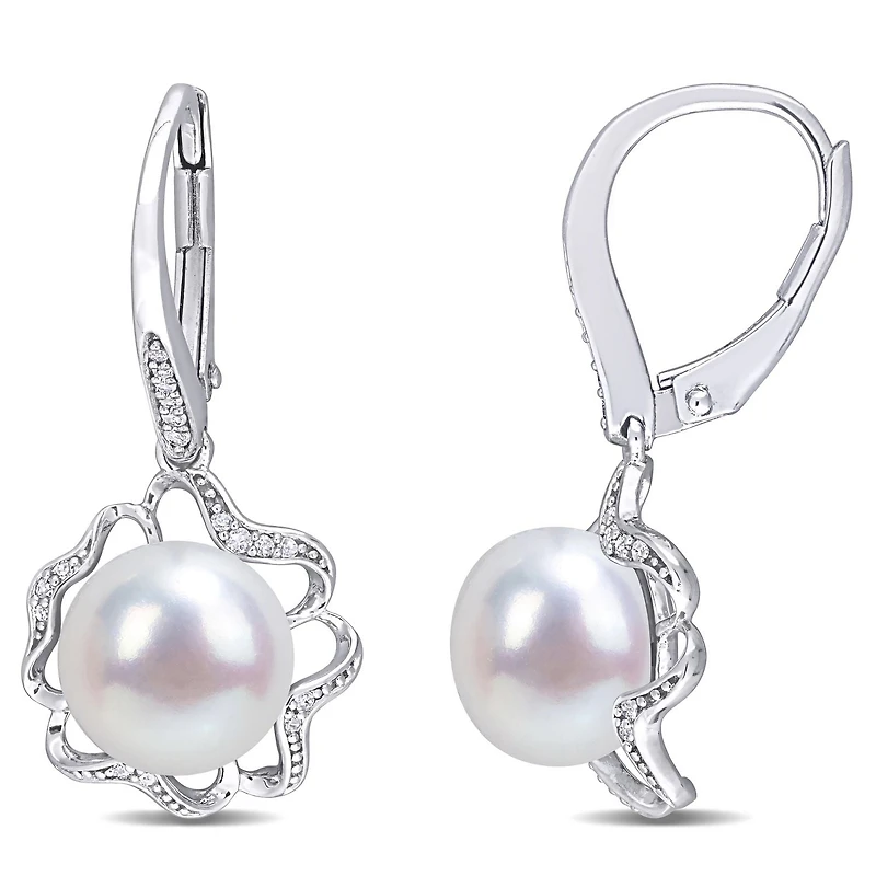 Boucles d'oreilles fleur abstraite Miabella en argent sterling avec perle culture d'eau douce et diamant 1/10 carat p.t.