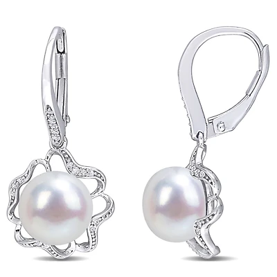 Boucles d'oreilles fleur abstraite Miabella en argent sterling avec perle culture d'eau douce et diamant 1/10 carat p.t.