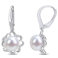 Boucles d'oreilles fleur abstraite Miabella en argent sterling avec perle culture d'eau douce et diamant 1/10 carat p.t.