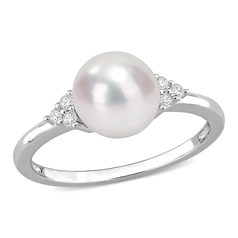 Miabella Freshwater Cultured Pearl and 1/10 Carat T.G.W. Cubic Zirconia Sterling Silver Cocktail Ring