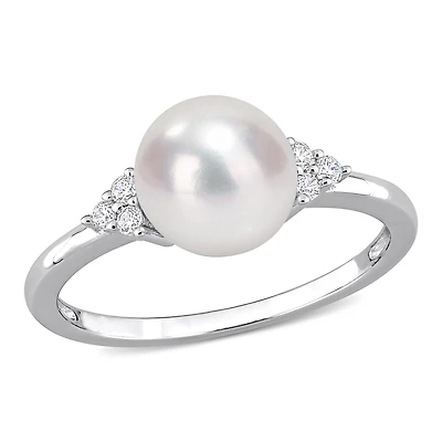 Miabella Freshwater Cultured Pearl and 1/10 Carat T.G.W. Cubic Zirconia Sterling Silver Cocktail Ring