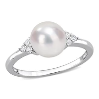 Miabella Freshwater Cultured Pearl and 1/10 Carat T.G.W. Cubic Zirconia Sterling Silver Cocktail Ring