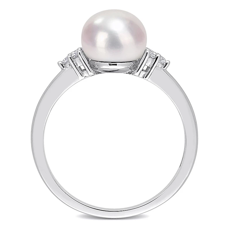 Miabella Freshwater Cultured Pearl and 1/10 Carat T.G.W. Cubic Zirconia Sterling Silver Cocktail Ring